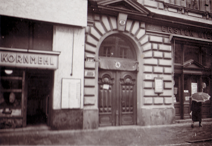 Freud's home in Vienna, 19 Berggasse, draped with a swastika after the Anschluss in 1938.